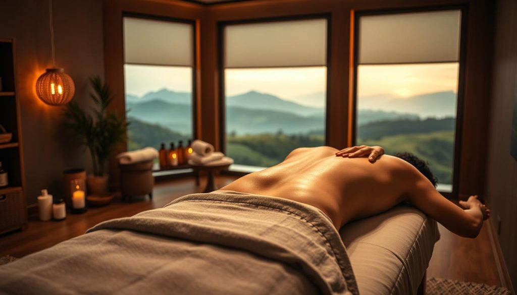 A serene, dimly lit medical massage studio with warm, earthy tones. In the foreground, a skilled massage therapist's hands gently kneading the lower back and spine of a client lying on a padded table, alleviating tension and soothing aches. The middle ground features essential oils, heated towels, and other therapeutic accessories, creating a calming, restorative atmosphere. The background showcases a tranquil, nature-inspired landscape, with soft lighting filtering through large windows, conveying a sense of holistic well-being. The overall scene exudes a profound sense of relaxation and pain relief, capturing the essence of the medical massage's efficacy in treating back and spinal discomfort. A serene, dimly lit medical massage studio with warm, earthy tones. In the foreground, a skilled massage therapist's hands gently kneading the lower back and spine of a client lying on a padded table, alleviating tension and soothing aches. The middle ground features essential oils, heated towels, and other therapeutic accessories, creating a calming, restorative atmosphere. The background showcases a tranquil, nature-inspired landscape, with soft lighting filtering through large windows, conveying a sense of holistic well-being. The overall scene exudes a profound sense of relaxation and pain relief, capturing the essence of the medical massage's efficacy in treating back and spinal discomfort.