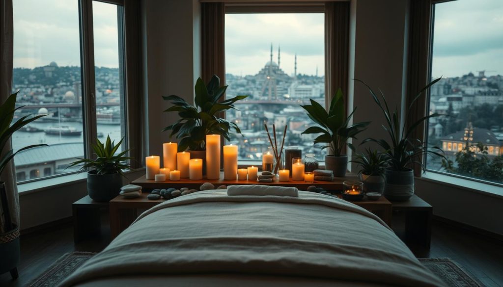 A serene, dimly lit room in Istanbul, filled with the soothing aromas of essential oils. In the foreground, a massage table adorned with plush linens, inviting the viewer to experience the restorative power of Turkish massage techniques. The middle ground features an array of natural elements, such as river stones, fragrant candles, and lush greenery, creating a calming, spa-like atmosphere. In the background, glimpses of the historic city skyline through large windows, blending the tranquility of the space with the vibrant energy of Istanbul. Soft, warm lighting casts a gentle glow, enhancing the sense of relaxation and rejuvenation. The overall composition evokes a harmonious balance of mind, body, and spirit.