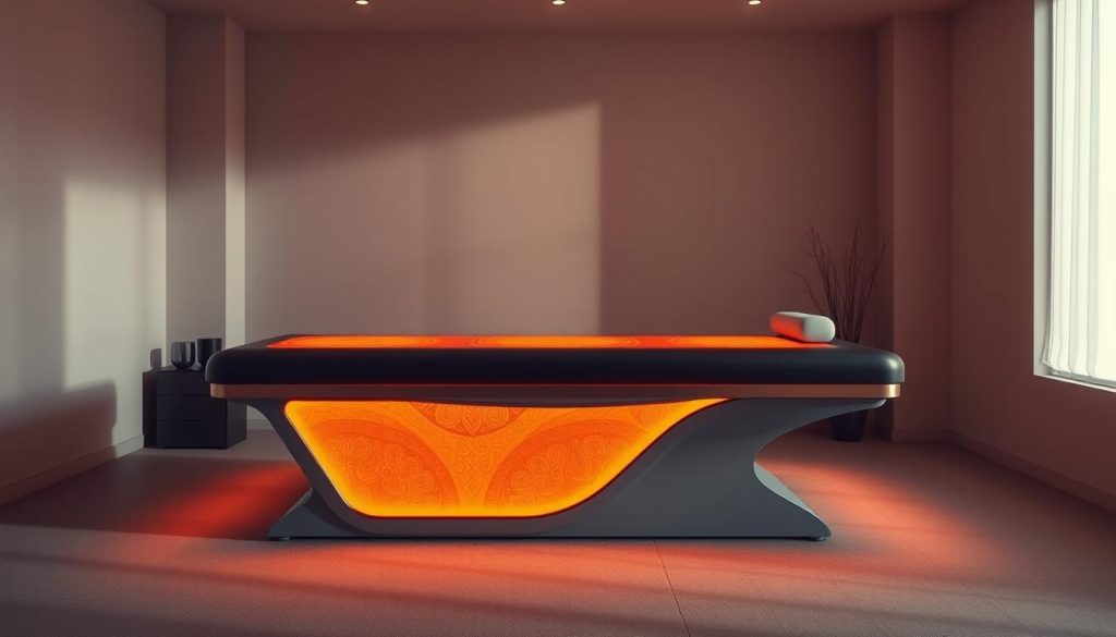 A serene, dimly lit room with a sleek, modern massage table at the center, its surface glowing with a soft, warm orange hue. The table's surface is adorned with intricate patterns, hinting at the advanced infrared massage technology within. Soft, diffused lighting casts gentle shadows, creating an atmosphere of tranquility and relaxation. The room is sparsely decorated, with clean lines and minimalist furnishings, allowing the massage table to take center stage. The entire scene evokes a sense of luxurious self-care, inviting the viewer to imagine the soothing, restorative experience of the "Choyang Masaj Yatağı" - the new face of at-home massage.