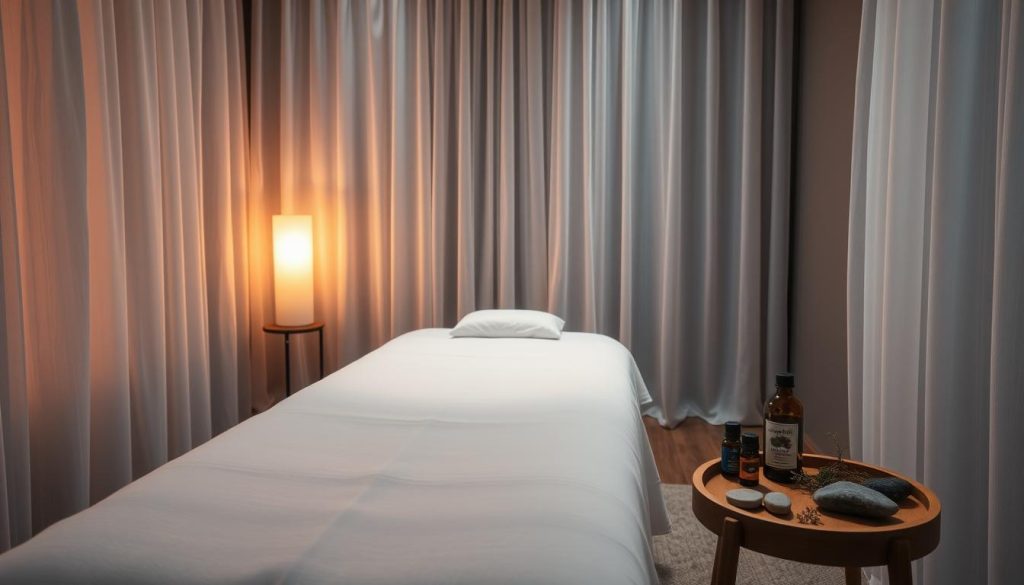 A serene, dimly lit room with soft, warm lighting. A massage table is positioned in the center, its crisp, white linens inviting. Delicate, translucent curtains sway gently, diffusing the light and creating a sense of tranquility. On the side table, a selection of essential oils and calming, natural elements like river stones and fragrant herbs. The scene exudes a peaceful, contemplative atmosphere, perfectly capturing the essence of the Swedish Massage technique and its holistic approach to wellness and relaxation. A serene, dimly lit room with soft, warm lighting. A massage table is positioned in the center, its crisp, white linens inviting. Delicate, translucent curtains sway gently, diffusing the light and creating a sense of tranquility. On the side table, a selection of essential oils and calming, natural elements like river stones and fragrant herbs. The scene exudes a peaceful, contemplative atmosphere, perfectly capturing the essence of the Swedish Massage technique and its holistic approach to wellness and relaxation.