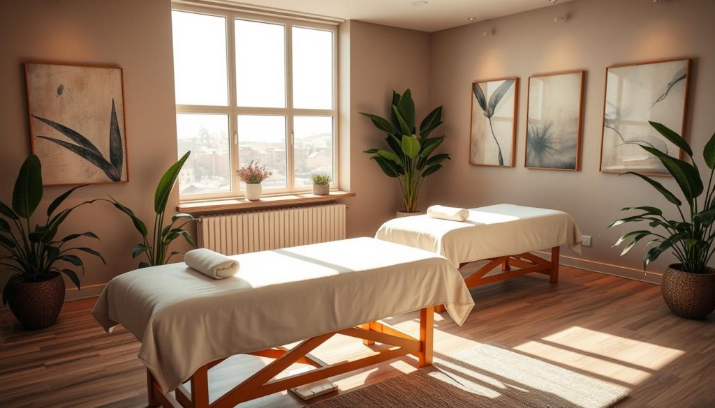 A serene massage studio in Istanbul, with natural light filtering through large windows. Soft, warm-toned lighting creates a soothing ambiance. Plush massage tables are positioned thoughtfully, inviting the viewer to experience the physical and mental benefits of massage. Lush, verdant plants and calming abstract artworks adorn the walls, contributing to an atmosphere of tranquility and well-being. The scene evokes a sense of relaxation, rejuvenation, and a respite from the stresses of daily life. A serene massage studio in Istanbul, with natural light filtering through large windows. Soft, warm-toned lighting creates a soothing ambiance. Plush massage tables are positioned thoughtfully, inviting the viewer to experience the physical and mental benefits of massage. Lush, verdant plants and calming abstract artworks adorn the walls, contributing to an atmosphere of tranquility and well-being. The scene evokes a sense of relaxation, rejuvenation, and a respite from the stresses of daily life.