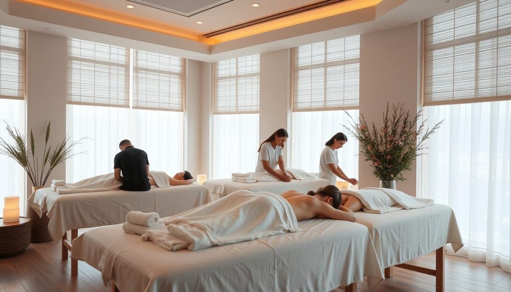 A serene massage studio in Istanbul, with natural lighting filtering through large windows. Plush, minimalist decor sets the stage for a calming, therapeutic experience. Therapists skillfully apply various massage techniques, their movements fluid and intentional, as clients relax on comfortable massage tables. The space exudes an aura of tranquility, with soothing ambient music and the gentle scent of essential oils. The scene conveys the expertise and care found in Istanbul's massage therapy practices, showcasing the city's commitment to holistic health and wellness.