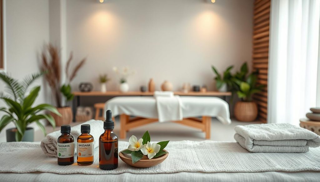 A serene massage studio with soft, natural lighting and soothing pastel tones. Various massage modalities are depicted, including deep tissue, aromatherapy, and hot stone. The foreground showcases the essential oils, towels, and other massage tools, while the middle ground features a tranquil massage table surrounded by calming plants. The background depicts a calming, minimalist interior with natural textures like wood and stone, creating an atmosphere of relaxation and wellness.