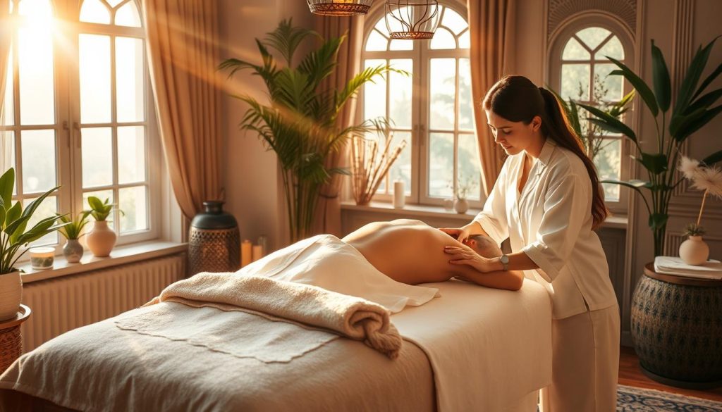 A serene massage therapy scene in Istanbul, with warm lighting and soothing energy. A tranquil room with plush treatment tables, calming scents, and soft textures. Elegant Turkish design elements blend harmoniously, creating a restorative atmosphere. Rays of golden light filter through large windows, casting a gentle glow. Lush greenery and natural materials foster a sense of balance and rejuvenation. The client's posture conveys deep relaxation, as the skilled therapist's hands work to alleviate tension and boost vitality. An oasis of calm amidst the bustling city, this image captures the transformative power of massage therapy in Istanbul. A serene massage therapy scene in Istanbul, with warm lighting and soothing energy. A tranquil room with plush treatment tables, calming scents, and soft textures. Elegant Turkish design elements blend harmoniously, creating a restorative atmosphere. Rays of golden light filter through large windows, casting a gentle glow. Lush greenery and natural materials foster a sense of balance and rejuvenation. The client's posture conveys deep relaxation, as the skilled therapist's hands work to alleviate tension and boost vitality. An oasis of calm amidst the bustling city, this image captures the transformative power of massage therapy in Istanbul.