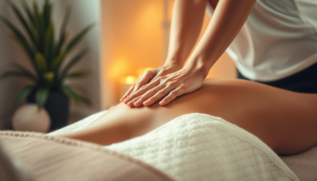 A serene massage therapy session, bathed in warm, soft lighting. A skilled masseuse's hands gently kneading and soothing tense muscles, promoting relaxation and pain relief. In the background, a tranquil, minimalist setting with soothing colors and natural elements like plants, creating a calming, spa-like ambiance. The focus is on the therapeutic nature of massage, conveying its benefits for physical and mental well-being.