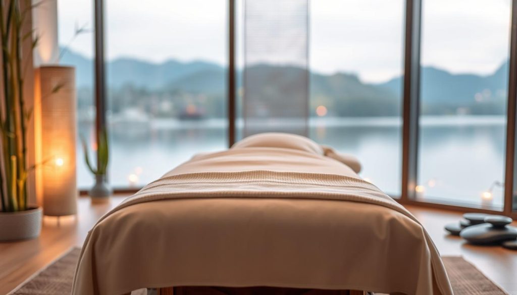 A serene massage therapy session set in a modern, minimalist spa-like environment. The foreground features a massage table draped with soft, plush towels, surrounded by soothing natural elements such as bamboo plants and river stones. Subtle lighting creates a warm, calming ambiance, with a slightly blurred background showcasing a tranquil landscape or cityscape visible through large windows. The overall mood evokes a sense of relaxation, wellness, and the scientifically-backed benefits of massage therapy.