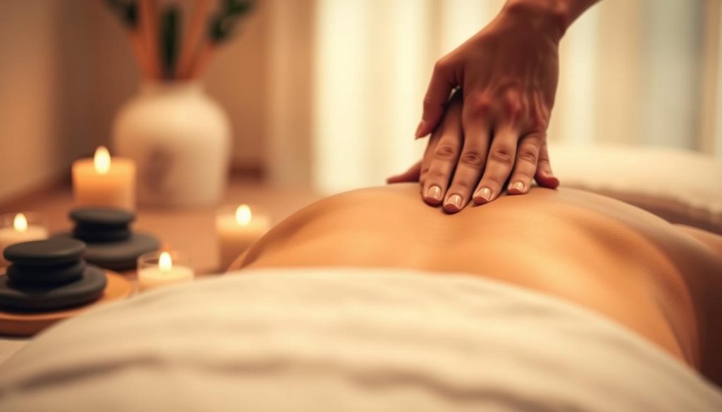 A serene massage therapy setting, with a calming, soft-lit environment. In the foreground, a pair of skilled hands gently kneading and manipulating the muscles of a person's back, easing tension and promoting relaxation. The middle ground showcases soothing, natural elements like smooth river stones, fragrant candles, and plush, therapeutic linens. The background is blurred, creating a sense of tranquility and focus on the therapeutic process. The lighting is warm and diffused, evoking a sense of healing and comfort. The overall scene conveys the potential for massage to alleviate the symptoms of fibromyalgia, such as chronic pain and stiffness.