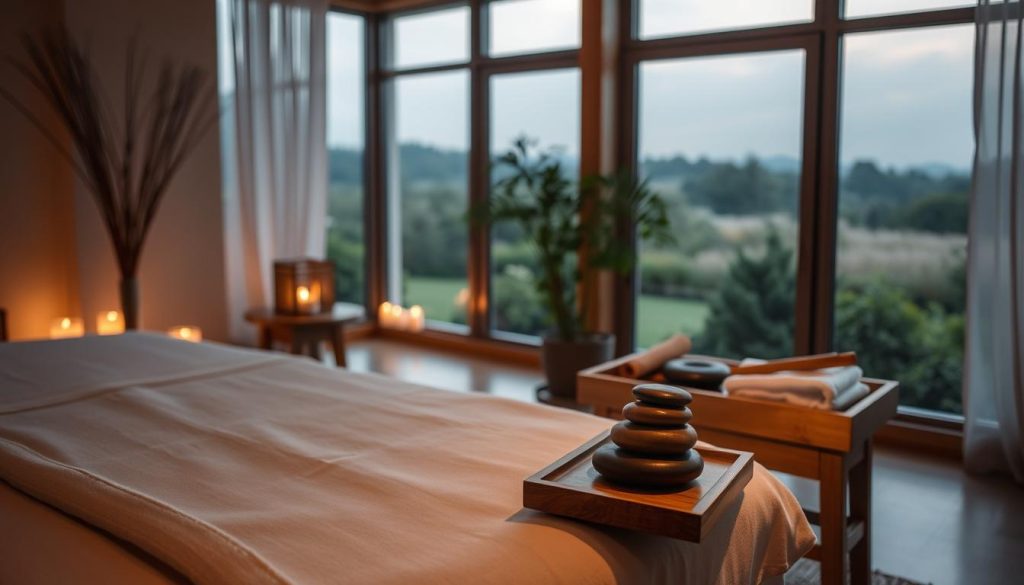 A serene massage therapy studio, dimly lit with warm, soft lighting. In the foreground, a massage table draped in clean white linens, a set of aromatherapy candles and soothing essential oils nearby. In the middle ground, a wooden side table holds a tray of massage tools - smooth river stones, bamboo sticks, and plush towels. The background features a calming landscape, perhaps a lush garden or a peaceful forest scene, visible through large windows. An atmosphere of tranquility and relaxation pervades the space, inviting the viewer to experience the restorative power of massage therapy. A serene massage therapy studio, dimly lit with warm, soft lighting. In the foreground, a massage table draped in clean white linens, a set of aromatherapy candles and soothing essential oils nearby. In the middle ground, a wooden side table holds a tray of massage tools - smooth river stones, bamboo sticks, and plush towels. The background features a calming landscape, perhaps a lush garden or a peaceful forest scene, visible through large windows. An atmosphere of tranquility and relaxation pervades the space, inviting the viewer to experience the restorative power of massage therapy.