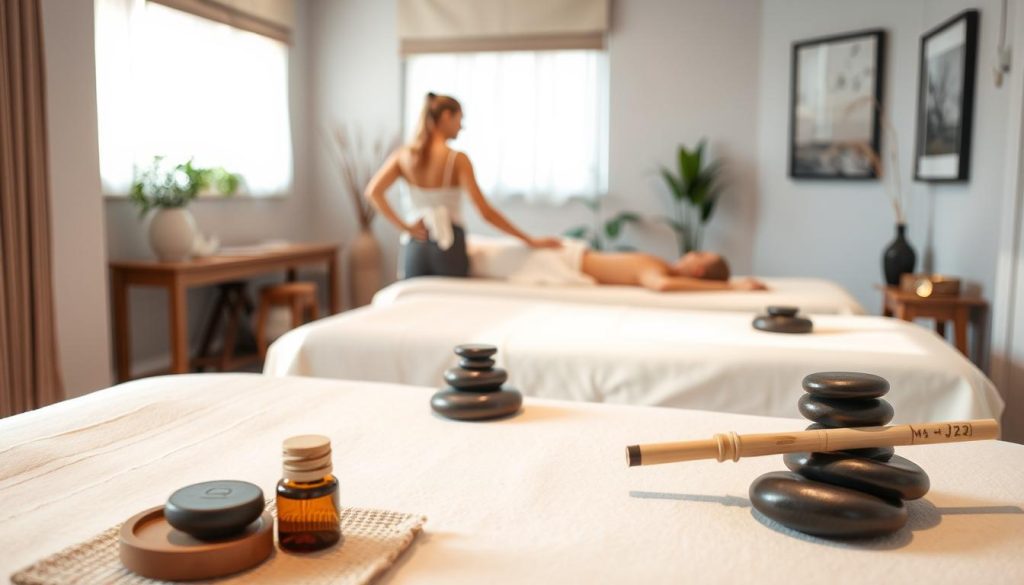 A serene massage therapy studio in Istanbul, featuring a cozy and inviting atmosphere. Soft, natural lighting illuminates the space, highlighting the smooth, polished surfaces of the massage tables. Plush, calming fabrics and earth-toned accents create a sense of tranquility. In the foreground, various massage implements - such as aromatherapy oils, warm stones, and bamboo sticks - are neatly arranged, conveying the professionalism and care of the therapists. The middle ground showcases a masseuse's skilled hands working to relieve tension and promote relaxation in a client's back. In the background, potted plants and muted artwork contribute to the overall soothing and rejuvenating ambiance.