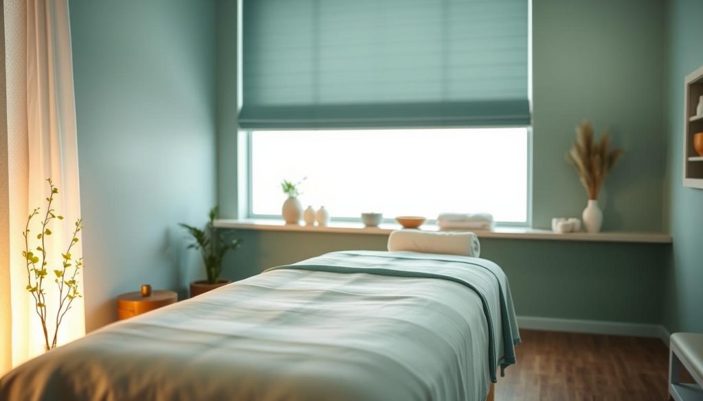 A serene medical massage therapy room with soft lighting, soothing blue and green tones, and a table with plush linens. Delicate plants and natural elements create a calming ambiance. Diffused illumination from a large window casts a gentle glow, highlighting the relaxing atmosphere. The focus is on the tranquil environment and the therapeutic benefits of medical massage, conveying a sense of wellness and pain relief. A serene medical massage therapy room with soft lighting, soothing blue and green tones, and a table with plush linens. Delicate plants and natural elements create a calming ambiance. Diffused illumination from a large window casts a gentle glow, highlighting the relaxing atmosphere. The focus is on the tranquil environment and the therapeutic benefits of medical massage, conveying a sense of wellness and pain relief.