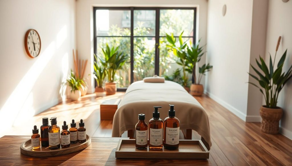 A serene, minimalist interior of a high-end vegan massage salon in Istanbul. Warm, natural lighting illuminates the space, casting a soothing glow on the polished hardwood floors and white-washed walls. In the foreground, a selection of organic, plant-based massage oils are neatly displayed on a wooden table, their colors and textures inviting. The middle ground features a plush, oversized massage table draped in soft, earthy-toned linens, surrounded by potted greenery and bamboo accents. The background showcases a large window overlooking a lush, urban garden, creating a calming, zen-like atmosphere.