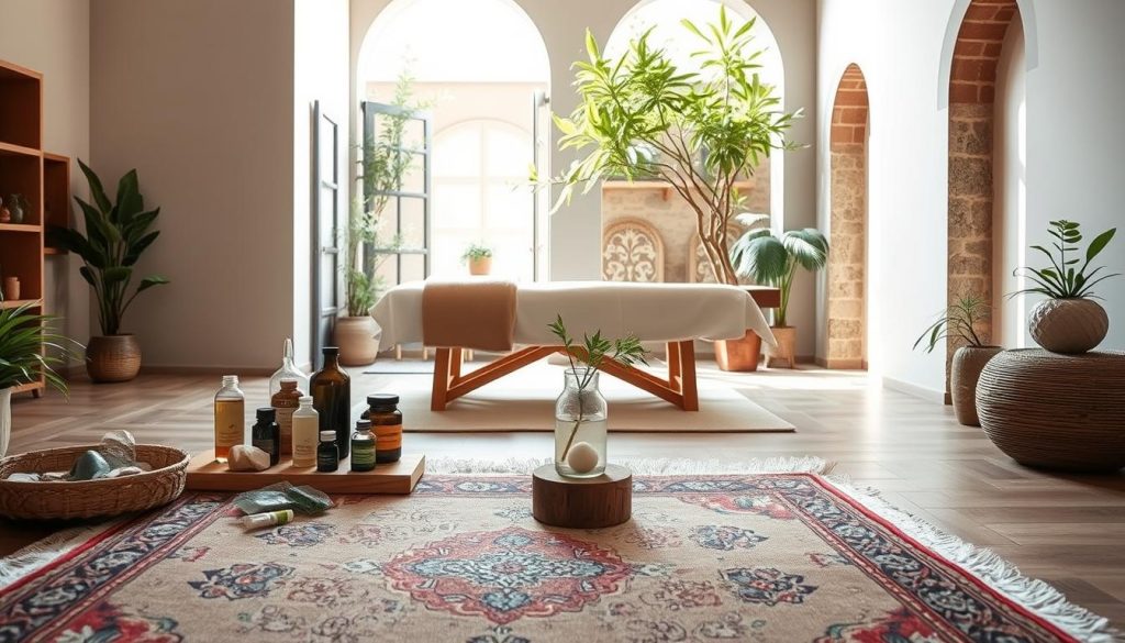 A serene, minimalist interior space showcasing various alternative medicine practices in Istanbul. The foreground features an ornate traditional Turkish rug and a low wooden table with healing crystals, aromatherapy diffusers, and herbal remedies. The middle ground highlights a massage table with plush linens and a potted plant. The background depicts a tranquil, sun-dappled courtyard with arched windows, natural stone walls, and lush greenery. The lighting is soft and diffused, creating a calming, meditative atmosphere. The overall scene evokes a sense of holistic wellness and the unique alternative health offerings found in the vibrant city of Istanbul.