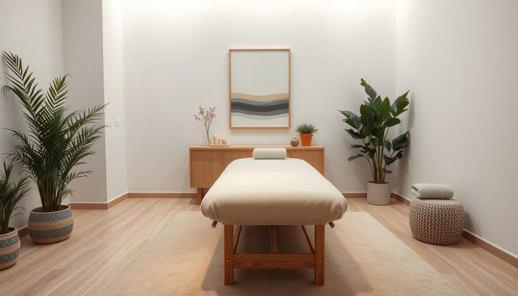 A serene, minimalist scene of a professional massage and reflexology session in Istanbul. A plush, neutral-toned treatment table takes center stage, surrounded by soft lighting and natural elements like potted plants and a minimalist artwork. The atmosphere evokes a sense of tranquility and rejuvenation, with a muted color palette and clean, modern design. The camera angle provides a balanced, three-quarter view, highlighting the attention to detail and high-quality materials used in this professional setting. The overall impression conveys the expertise and care behind Istanbul's renowned massage and reflexology practices.