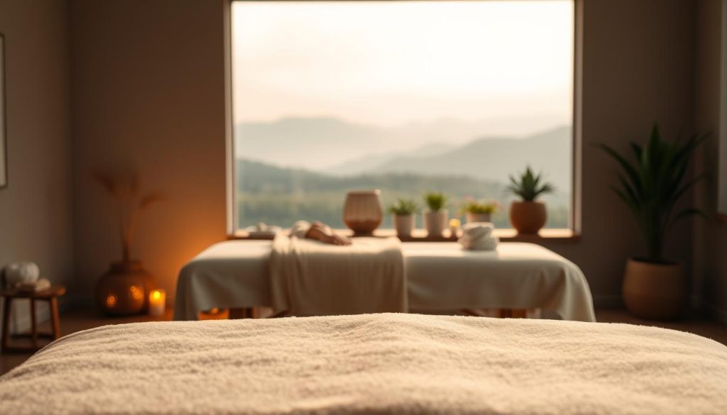 A serene, minimalist scene showcasing the benefits of massage therapy. In the foreground, a tranquil, dimly lit room with soft, warm lighting, conveying a sense of relaxation and well-being. In the middle ground, a massage table with plush, inviting linens, surrounded by soothing, natural elements such as potted plants and natural-fiber decor. The background features a calming, blurred landscape, hinting at the restorative power of the therapeutic experience. The overall atmosphere evokes a harmonious, holistic approach to wellness, encouraging the viewer to envision the long-term advantages of incorporating massage therapy into a healthy lifestyle.