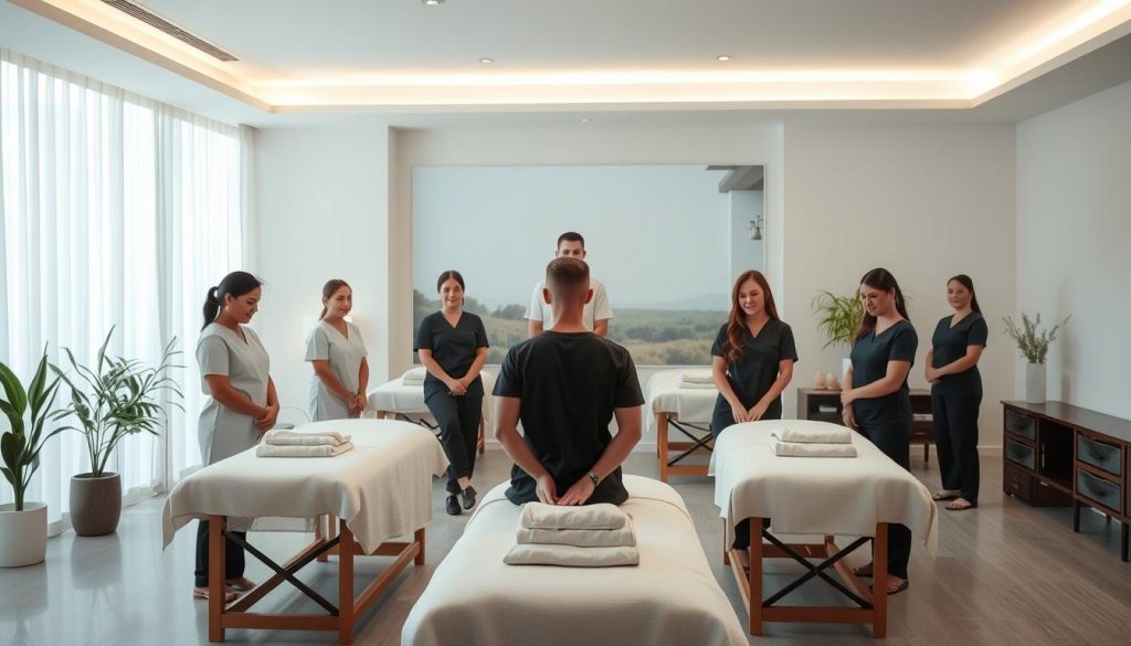 A serene, minimalist studio space filled with natural light, showcasing a team of certified massage therapists from Anadolu Yakası, each expertly trained in various massage modalities. The therapists are positioned in the foreground, their hands and techniques the focal point, surrounded by calming, neutral-toned decor and soothing ambient lighting. The middle ground features elegant, high-quality massage tables and luxury linens, while the background depicts a tranquil, nature-inspired setting, hinting at the restorative experience awaiting clients. The overall atmosphere evokes a sense of professionalism, relaxation, and wellness.