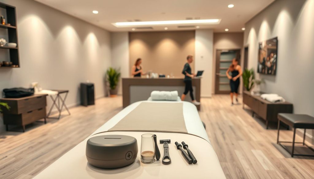 A serene, modern sports massage center in Istanbul, Turkey. The interior features calming neutral tones, soft lighting, and minimalist decor. In the foreground, a state-of-the-art massage table is prominently displayed, surrounded by various massage therapy tools and accessories. The middle ground showcases a reception area with a clean, contemporary design. In the background, gentle, blurred images of athletes in activewear enter and exit the facility, reflecting the center's specialized focus on sports-related massage and recovery. The overall atmosphere conveys a sense of professionalism, relaxation, and a dedication to the well-being of the city's athletic community.