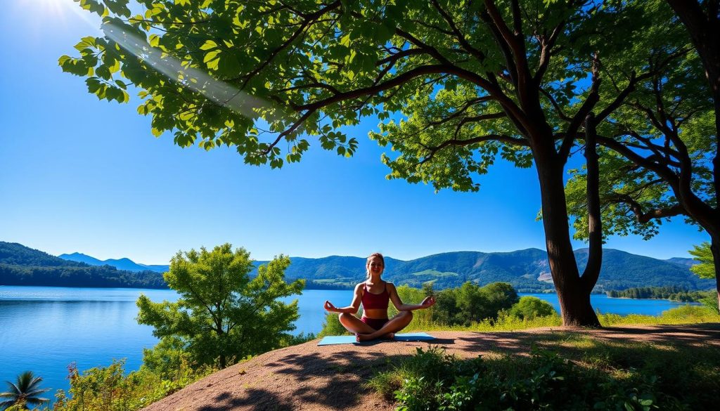A serene natural landscape, with a tranquil lake reflecting the azure sky. In the foreground, a lush forest of verdant trees and vibrant foliage. Soft, diffused sunlight filters through the canopy, casting a warm, soothing glow. In the middle ground, a person sitting cross-legged on a yoga mat, practicing mindful meditation, their face radiating a sense of inner peace and calm. The background features rolling hills and distant mountains, conveying a sense of spaciousness and serenity. The overall atmosphere is one of relaxation, stress relief, and physical and mental well-being.