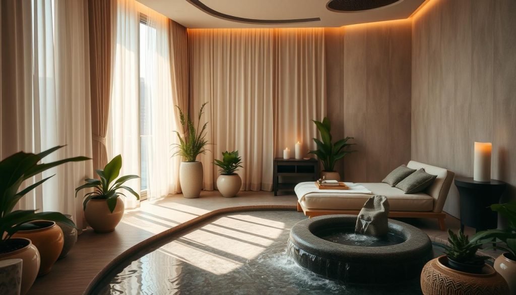 A serene oasis hidden within the bustling city, a cozy spa nestled among the urban landscape. Soft natural light filters through sheer curtains, casting a warm glow upon the tranquil space. Plush, earthy-toned furnishings create an inviting atmosphere, while elegant Asian-inspired decor and the gentle sound of flowing water evoke a sense of zen-like calm. Potted plants and soothing aromatherapy candles add to the restorative ambiance, inviting weary city-dwellers to escape the stresses of daily life and indulge in a moment of pure relaxation.