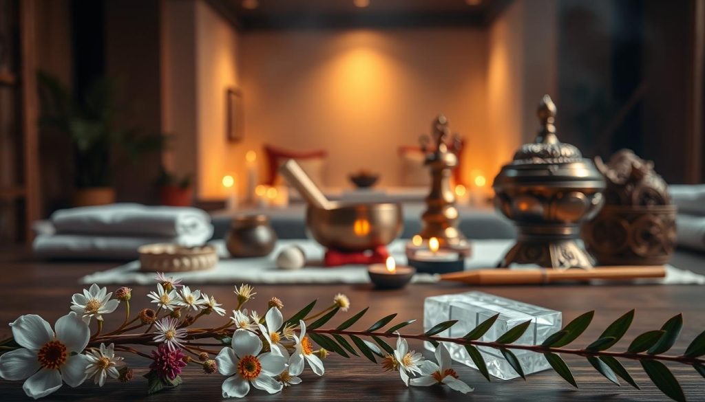 A serene oasis of holistic wellness, showcasing an array of alternative therapy modalities. In the foreground, a delicate floral arrangement and soothing crystals emanate a calming energy. The middle ground features an array of traditional healing tools, such as bamboo acupuncture needles, a shimmering singing bowl, and an ornate incense burner. The background is a tranquil, dimly lit sanctuary, with soft, diffused lighting casting a warm, inviting glow. The overall atmosphere evokes a sense of balance, harmony, and the pursuit of holistic well-being.