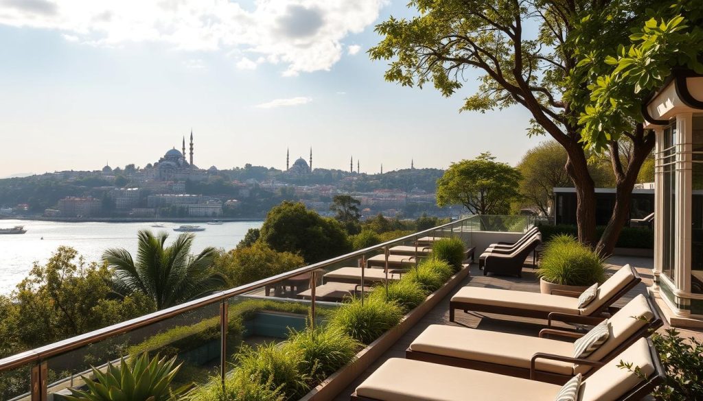 A serene outdoor spa overlooking the enchanting Bosphorus Strait. Majestic domes and minarets dot the skyline, casting soft shadows across the tranquil waters. The Pürovel Spa's elegant terrace is adorned with lush greenery, offering a haven of relaxation amidst the bustling city. Warm natural light filters through the surrounding trees, creating a soothing, spa-like ambiance. Plush lounge chairs invite guests to unwind and immerse themselves in the breathtaking panoramic view, a true haven of rejuvenation and wellness. A serene outdoor spa overlooking the enchanting Bosphorus Strait. Majestic domes and minarets dot the skyline, casting soft shadows across the tranquil waters. The Pürovel Spa's elegant terrace is adorned with lush greenery, offering a haven of relaxation amidst the bustling city. Warm natural light filters through the surrounding trees, creating a soothing, spa-like ambiance. Plush lounge chairs invite guests to unwind and immerse themselves in the breathtaking panoramic view, a true haven of rejuvenation and wellness.