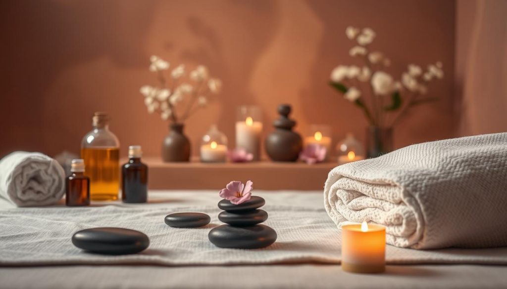 A serene scene of various massage techniques, captured in a soft, calming atmosphere. A tranquil spa-like setting with muted lighting, soothing textures, and therapeutic tools like massage oils, stones, and plush towels arranged in the foreground. In the middle ground, delicate floral accents and zen-inspired decor elements evoke a sense of balance and well-being. The background features a warm, hazy ambiance, conveying a peaceful, restorative ambiance perfect for exploring the diverse world of massage practices.