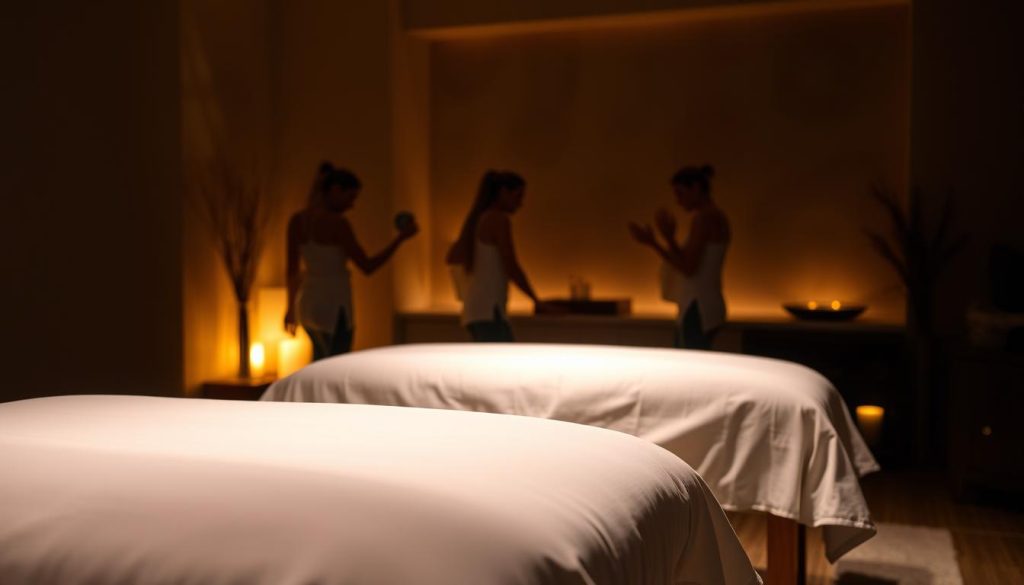 A serene spa setting, dimly lit with soft, warm lighting. Plush massage tables draped in crisp, white linens occupy the foreground, inviting the viewer to imagine the relaxing experience. In the middle ground, the silhouettes of skilled massage therapists move gracefully, their hands kneading and soothing weary muscles. The background features a calming, nature-inspired ambiance, with soothing earth tones and the subtle scent of aromatherapy oils permeating the air. The overall atmosphere exudes a sense of tranquility and indulgence, perfectly capturing the essence of a professional massage service.