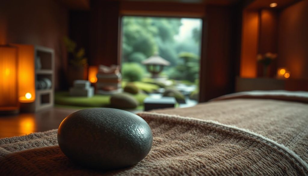A serene spa setting, dimly lit with warm, soft lighting casting a tranquil ambiance. In the foreground, a smooth, polished stone rests on a plush, earthy-toned towel, radiating a comforting heat. The middle ground features a tranquil, zen-inspired landscape with lush greenery and a gently flowing stream, evoking a sense of natural harmony. The background showcases a cozy, intimate massage room, with natural wood accents and soothing, muted tones, creating a haven of relaxation. The overall composition conveys the deep, restorative effects of the hot stone massage experience.