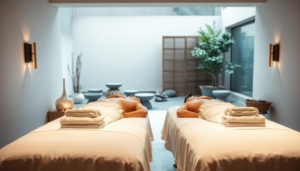 A serene spa setting with a couple enjoying a relaxing massage. Soft lighting from wall sconces casts a warm glow, creating a tranquil atmosphere. In the foreground, two massage tables are dressed in crisp white linens, with plush towels and natural elements like river stones adding tactile details. In the middle ground, the couple is positioned in a side-by-side arrangement, their bodies in a state of repose as skilled hands gently knead their muscles. The background features a minimalist decor with neutral tones, subtle textures, and a glimpse of a zen garden outside, reinforcing the sense of escape and rejuvenation.