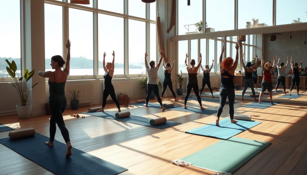 A serene, sun-dappled yoga studio in the heart of Istanbul, with soft lighting filtering through large windows overlooking the Bosphorus. Plush yoga mats in shades of indigo and turquoise dot the wooden floor, surrounded by potted plants and natural fibers. In the foreground, a group of practitioners gracefully flow through a vinyasa sequence, their movements reflected in the mirrored walls. The atmosphere is one of tranquility and focus, inviting the viewer to slow down and connect with their inner peace.