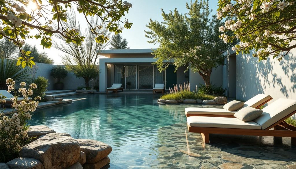 A serene, sun-drenched spa oasis, featuring a tranquil outdoor pool surrounded by lush greenery and natural stone. Soft, diffused lighting casts a warm, inviting glow, while delicate, fragrant flowers adorn the scene. Plush, comfortable lounge chairs invite guests to unwind and bask in the restorative atmosphere. In the background, a modern, minimalist spa building with clean, elegant architecture blends seamlessly with the natural setting. The overall impression is one of luxurious relaxation, rejuvenation, and a holistic wellness experience.