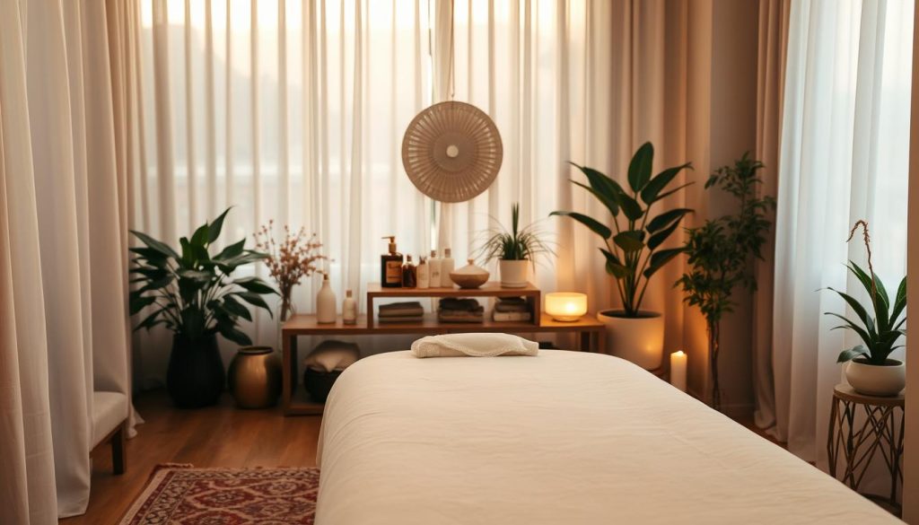 A serene, tranquil scene of a cozy massage studio in the heart of Istanbul. Soft, natural lighting filters through sheer curtains, creating a warm and inviting atmosphere. The space is elegantly decorated with plush, earthy-toned furnishings and soothing, minimalist decor. In the foreground, a massage table stands ready, adorned with crisp, white linens. The middle ground features various massage oils, lotions, and calming aromatherapy diffusers, arranged with care. In the background, potted plants and soft, ambient lighting contribute to the overall sense of relaxation and well-being. The scene evokes a harmonious blend of traditional Turkish aesthetics and modern, therapeutic sensibilities.