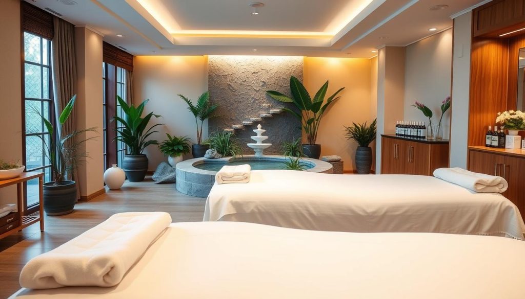 A serene, well-appointed massage salon with elegant decor and natural lighting. The foreground features plush treatment tables, crisp white linens, and an array of calming massage oils. The middle ground showcases a soothing water feature and potted plants, creating a tranquil ambiance. The background depicts a warm, earthy color palette with wooden accents and soft, diffused lighting, evoking a sense of relaxation and rejuvenation. The overall scene conveys a high-quality, professional massage experience in a tranquil, hygienic setting.