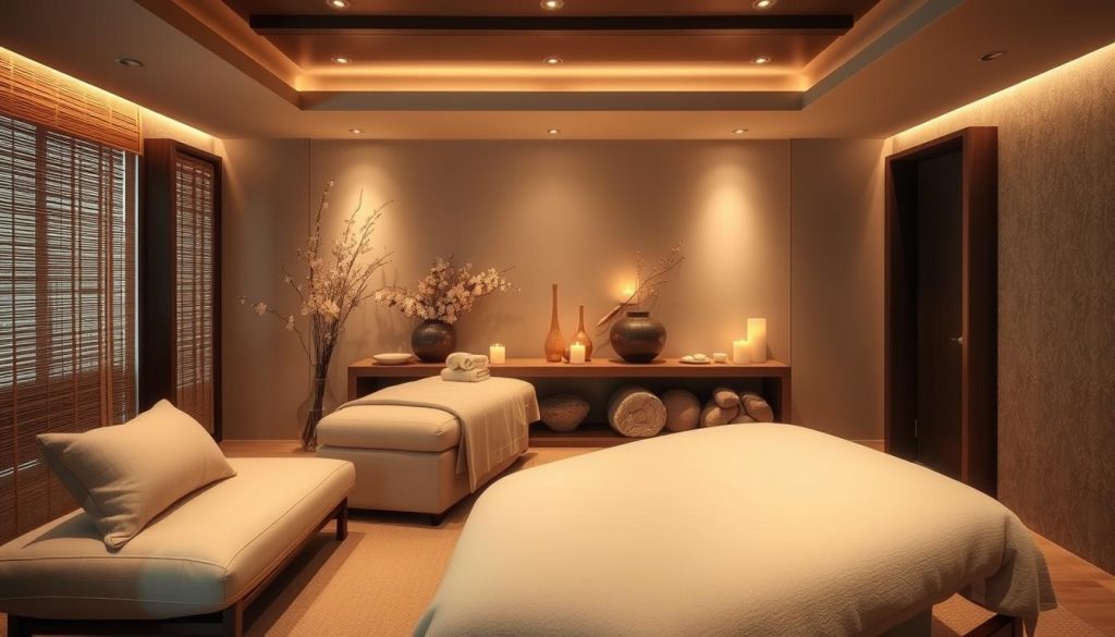 A serene, well-appointed massage therapy suite with plush, earth-toned furnishings and soothing lighting. Soft, natural textures like bamboo, linen, and stone create a calming ambiance. Delicate floral accents and the gentle glow of candles lend an air of tranquility. The scene evokes a sense of relaxation and rejuvenation, with a focus on high-quality, professional massage services. The overall impression is one of a sophisticated, state-of-the-art wellness center committed to providing a luxurious, restorative experience.