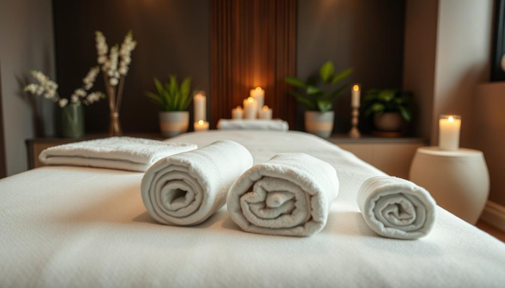 A serene, well-appointed spa setting featuring an inviting massage table, plush towels, and soothing natural elements like potted plants and candles. Soft, diffused lighting creates a calming ambiance, while the composition emphasizes the professionalism and attention to detail that defines a premium therapeutic experience. The overall mood is one of tranquility, relaxation, and the promise of rejuvenation.
