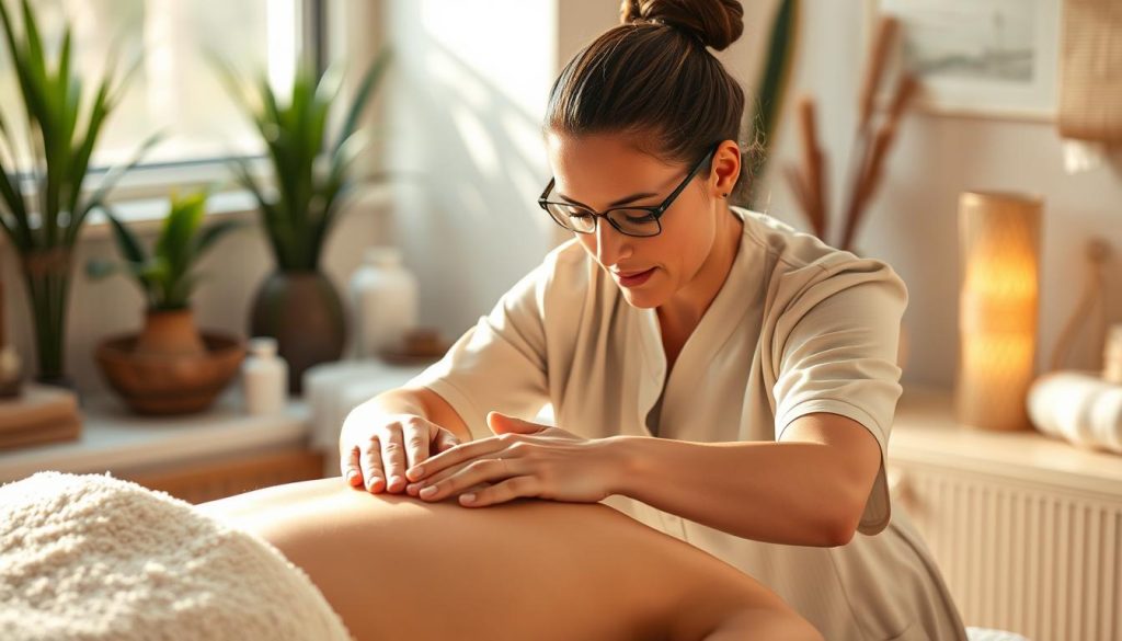 A skilled and experienced massage therapist working diligently in a serene, well-equipped massage studio. The therapist's hands gently manipulate the client's muscles, promoting relaxation and healing. Soft, natural lighting casts a warm glow, creating a calming atmosphere. The background features soothing decor, including plants and natural materials, further enhancing the tranquil ambiance. The therapist's focused expression and careful movements convey expertise and professionalism. An image showcasing the importance of certified, knowledgeable massage practitioners in providing effective, therapeutic treatments.