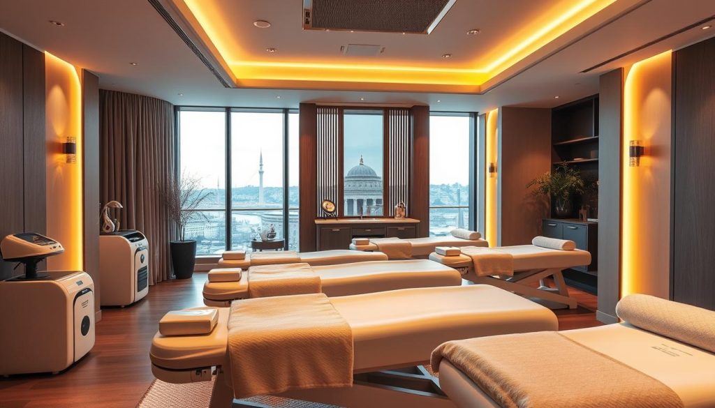 A sleek and modern massage therapy studio, bathed in warm lighting and minimalist decor. The foreground showcases an array of innovative massage equipment - state-of-the-art massage tables with ergonomic designs, high-tech vibration and heating elements, and a selection of specialized massage tools and accessories. The middle ground features a tranquil and serene atmosphere, with soft fabrics, natural materials, and soothing color palettes. The background hints at the bustling city of Istanbul outside, with glimpses of the iconic architecture and skyline visible through large windows. The overall impression is one of cutting-edge technology seamlessly blended with a calming, wellness-focused ambiance.