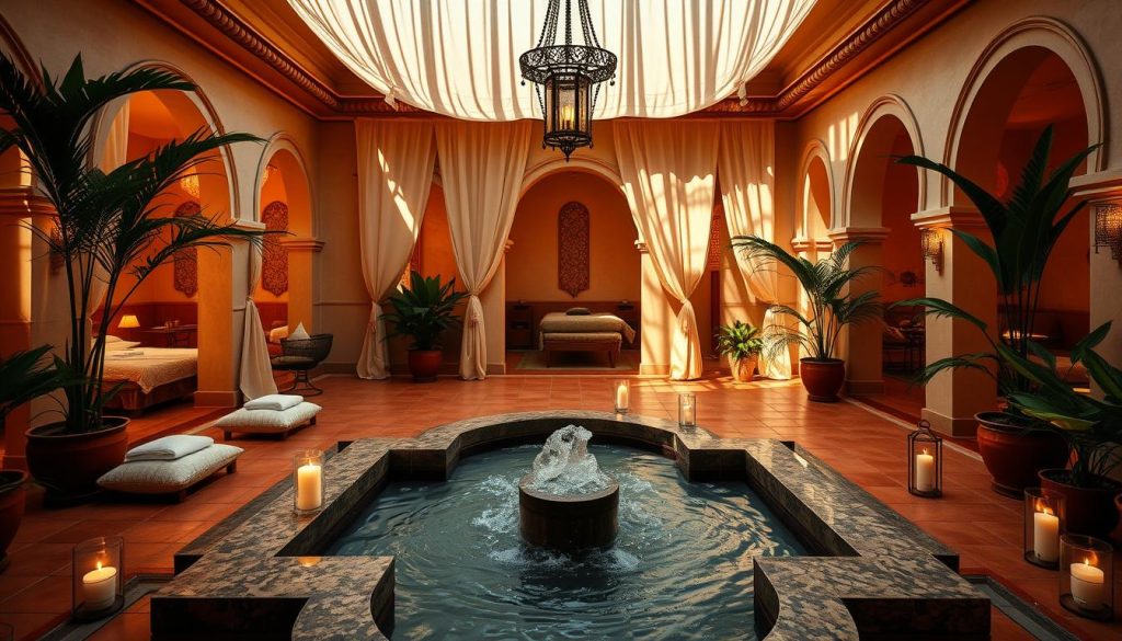 A tranquil Turkish-inspired spa oasis, with soft lighting filtering through sheer curtains, warm terracotta tiles, and the soothing scent of fragrant oils. Elegant arched doorways lead to private massage rooms, where plush cushions invite one to sink into a state of relaxation. A central water feature gently bubbles, its calming sounds harmonizing with the gentle hum of background music. Shadows cast by flickering candles dance across the walls, creating a cozy, intimate atmosphere. Lush potted plants and ornate lanterns adorn the space, evoking the rich cultural heritage of Istanbul. This serene sanctuary offers a haven for the senses, where wellness and indulgence seamlessly converge.