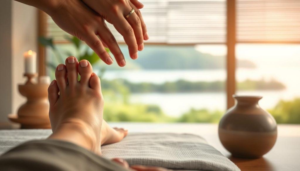 A tranquil and serene scene of a peaceful foot reflexology massage session. The foreground depicts a pair of delicate female feet being tenderly attended to by skilled hands, the pressure points being carefully stimulated to restore the body's natural energy flow. The middle ground showcases a serene, minimalist setting with soft lighting, natural materials, and soothing colors that evoke a sense of balance and harmony. The background features a blurred, out-of-focus landscape of lush greenery and a calming body of water, creating a visually calming and restorative atmosphere. The overall mood is one of relaxation, rejuvenation, and the restoration of inner balance through the ancient practice of reflexology.