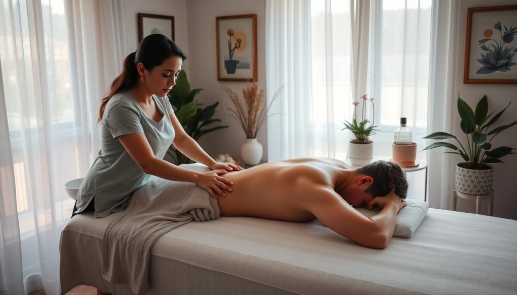 A tranquil massage parlor scene in Istanbul, where a person is receiving a relaxing full-body massage on a padded table. Soft natural light filters through gauzy curtains, casting a soothing ambiance. The masseuse's hands work gently yet firmly, kneading tension from the client's muscles. Serene potted plants and calming artwork adorn the space, creating an atmosphere of holistic well-being. The client's face is obscured, but their expression conveys a sense of deep mental and physical relief, as the stress of the day melts away under the skilled touch of the masseuse.