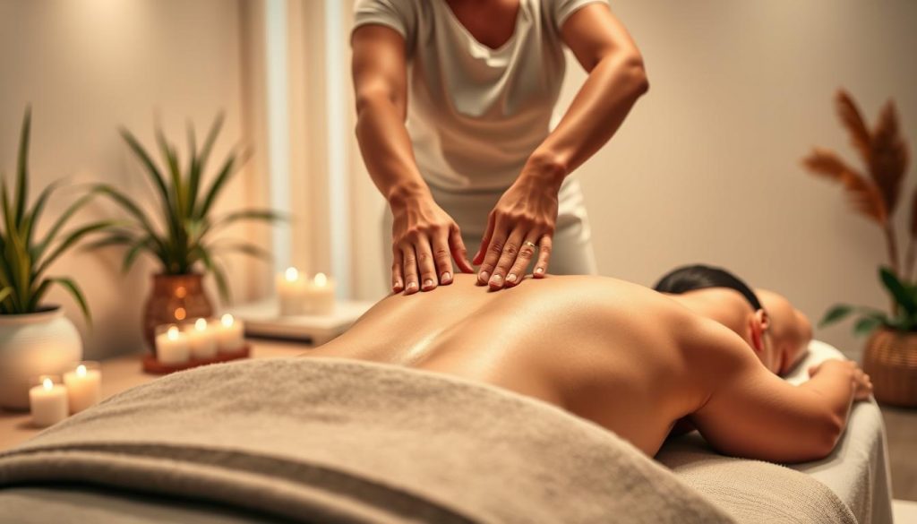 A tranquil massage parlor scene showcasing professional massage techniques. The foreground depicts the skilled hands of a masseuse applying various massage strokes on a client's back, with soothing lighting and a calming ambiance. The middle ground features a massage table with plush linens and aromatic candles, while the background portrays a serene, minimalist interior design with natural elements like plants and soft textures. The overall atmosphere exudes a sense of relaxation, wellness, and the expertise of the masseuse in delivering a rejuvenating massage experience.