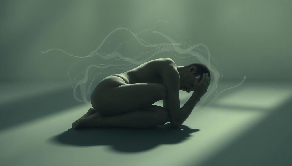 A tranquil, minimalist scene depicting the physiological effects of stress. A stylized human form, rendered in muted tones, lies curled inward, surrounded by a swirling cloud of abstract energy and tension. Subtle details like knotted muscles, furrowed brow, and clenched fists convey the physical toll of stress. The background is a softly blurred, calming palette, creating a sense of introspection and quiet contemplation. Moody lighting casts long shadows, emphasizing the weight and heaviness of the subject's experience. An ethereal, almost supernatural quality permeates the scene, suggesting the deep, unseen impacts of stress on the mind and body. A tranquil, minimalist scene depicting the physiological effects of stress. A stylized human form, rendered in muted tones, lies curled inward, surrounded by a swirling cloud of abstract energy and tension. Subtle details like knotted muscles, furrowed brow, and clenched fists convey the physical toll of stress. The background is a softly blurred, calming palette, creating a sense of introspection and quiet contemplation. Moody lighting casts long shadows, emphasizing the weight and heaviness of the subject's experience. An ethereal, almost supernatural quality permeates the scene, suggesting the deep, unseen impacts of stress on the mind and body.