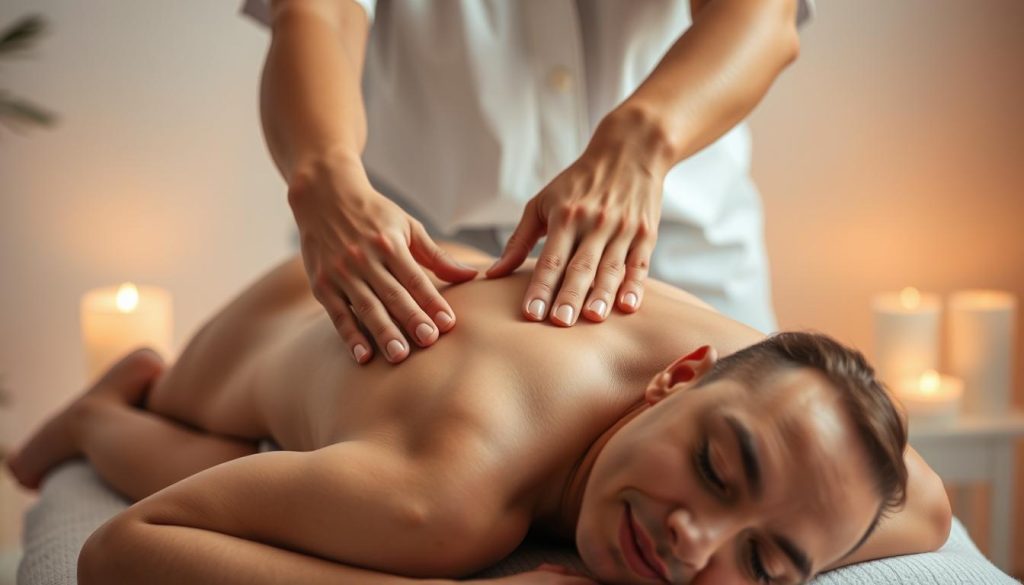 A tranquil scene of a massage therapist's hands delicately manipulating the muscles of a patient's back, utilizing a variety of techniques such as kneading, tapping, and stretching. The therapist's movements are precise and purposeful, creating a calming atmosphere enhanced by soft lighting and a serene, minimalist setting. The patient's facial expression conveys a sense of relaxation and well-being, reflecting the therapeutic benefits of the massage. The overall composition captures the harmony between the practitioner's expertise and the recipient's experience, showcasing the art and efficacy of massage techniques.