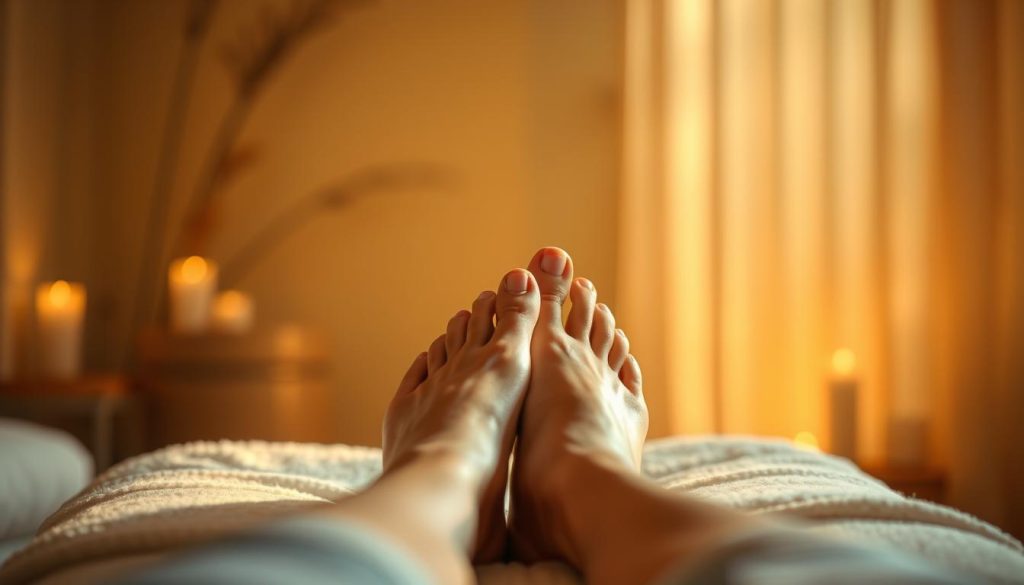 A tranquil scene of a peaceful foot reflexology massage, with a serene, spa-like atmosphere. The feet are the focal point, resting on a soft, plush surface in a dimly lit room. Soft, natural lighting casts a warm, soothing glow, creating a calming ambiance. The background is hazy, blurred, and devoid of distractions, allowing the viewer to focus on the restorative effects of the massage. The overall mood is one of relaxation, rejuvenation, and a connection between the feet and the entire body, conveying the benefits of reflexology.