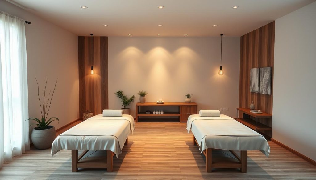 A tranquil scene of a serene massage therapy studio in Istanbul, Turkey. The space is bathed in warm, diffused lighting, creating a calming, restorative atmosphere. Plush massage tables are arranged in a minimalist layout, with natural textures like wood and stone accents. Potted plants and subtle aromatherapy elements add to the soothing ambiance. The camera angle is slightly elevated, capturing the peaceful, holistic energy of the space, inviting the viewer to imagine the therapeutic benefits of the treatments offered within.