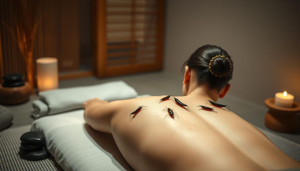 A tranquil scene of a traditional hirudotherapy session, with leeches delicately placed on the skin of a patient's back. The room is softly lit, creating a soothing atmosphere, with natural elements such as river stones and bamboo accents. The focus is on the elegant, minimalist aesthetics of the treatment, highlighting the ancient healing wisdom and modern medical integration. The composition emphasizes the harmony between the patient's relaxed pose and the precise application of the leeches, conveying a sense of therapeutic balance and restorative calm.