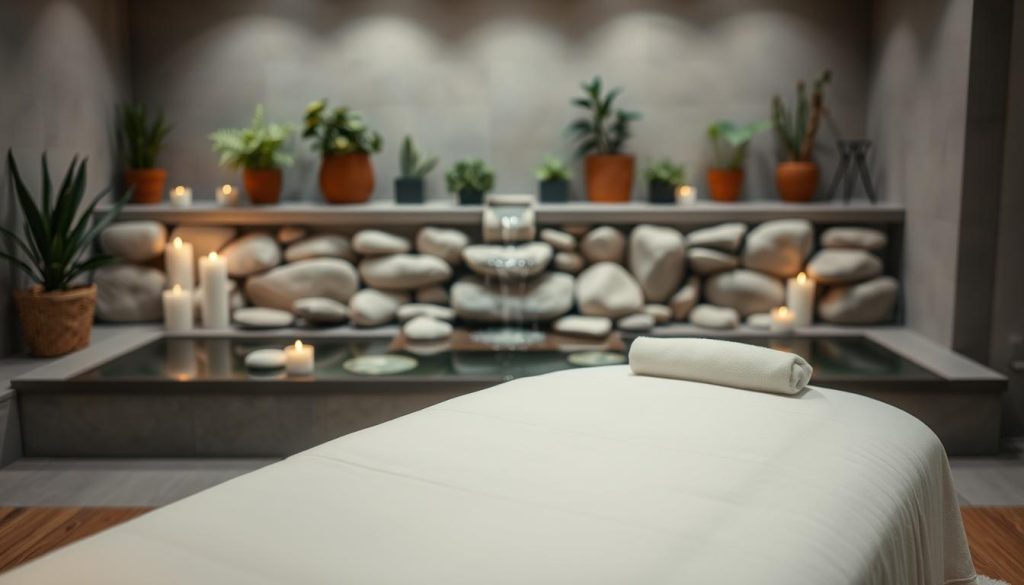 A tranquil spa setting, with a serene ambiance of soft lighting and muted colors. In the foreground, a plush massage table draped in crisp white linens, flanked by neatly arranged essential oils and fragrant candles. The middle ground features a soothing water feature, its gentle trickling sounds inviting relaxation. In the background, a wall of smooth river stones and potted plants, creating a natural, zen-like atmosphere. The overall mood is one of calm, rejuvenation, and pure indulgence - the perfect environment for a luxurious spa therapy experience.