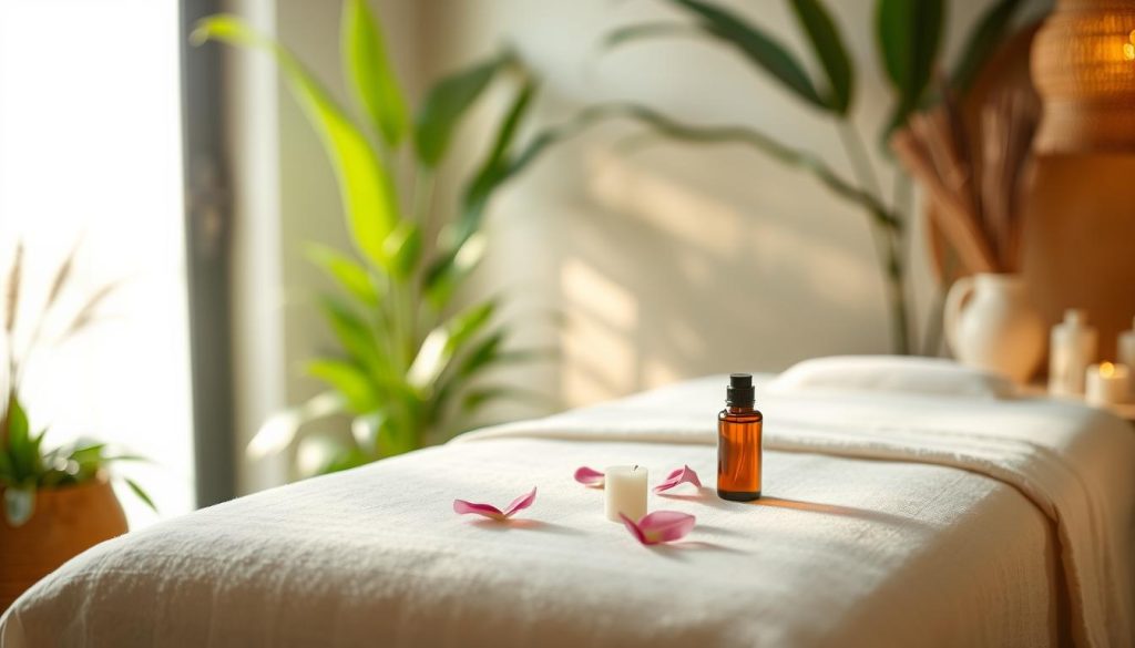 A tranquil spa setting with a serene massage table in the foreground, surrounded by lush greenery and calming lighting. Soft, diffused sunlight filters through a window, casting a warm, glowing ambiance. Delicate flower petals and essential oils are artfully arranged, hinting at the restorative and nourishing effects of the massage on the skin. The scene exudes a sense of relaxation and rejuvenation, capturing the essence of how massage can enhance skin health and radiance.