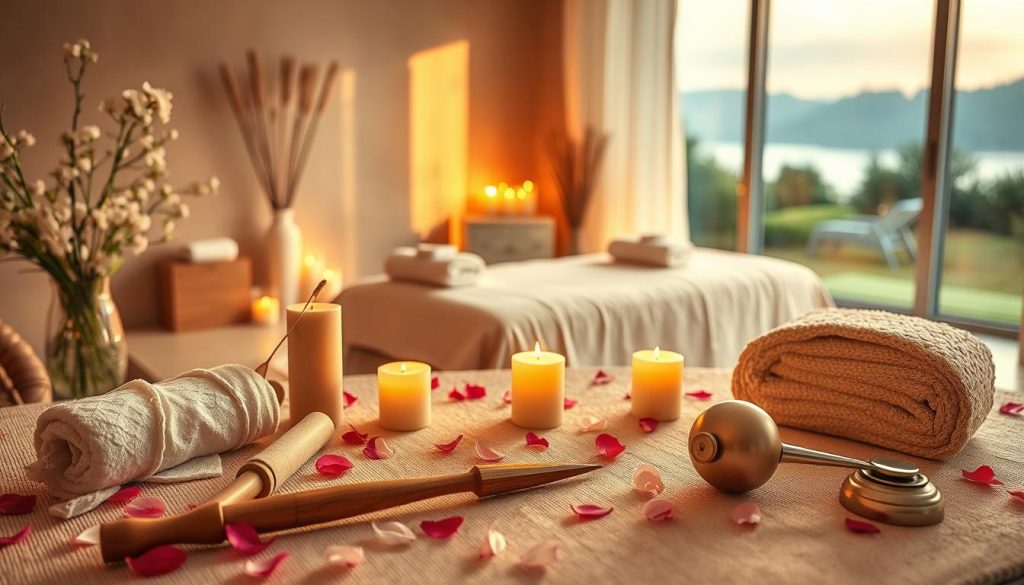 A tranquil spa setting with various massage techniques on display. Soft, warm lighting casts a soothing glow across the scene. Delicate flower petals and aromatic candles adorn the space, creating a calming, luxurious atmosphere. In the foreground, different massage tools and implements are artfully arranged, inviting the viewer to explore the diverse methods of relaxation. The middle ground features a serene, minimalist table surrounded by plush, textured fabrics, hinting at the restorative experience to come. The background showcases a serene, natural landscape, perhaps a lush garden or a calming body of water, emphasizing the connection between the massage techniques and the harmony of the natural world. A tranquil spa setting with various massage techniques on display. Soft, warm lighting casts a soothing glow across the scene. Delicate flower petals and aromatic candles adorn the space, creating a calming, luxurious atmosphere. In the foreground, different massage tools and implements are artfully arranged, inviting the viewer to explore the diverse methods of relaxation. The middle ground features a serene, minimalist table surrounded by plush, textured fabrics, hinting at the restorative experience to come. The background showcases a serene, natural landscape, perhaps a lush garden or a calming body of water, emphasizing the connection between the massage techniques and the harmony of the natural world.