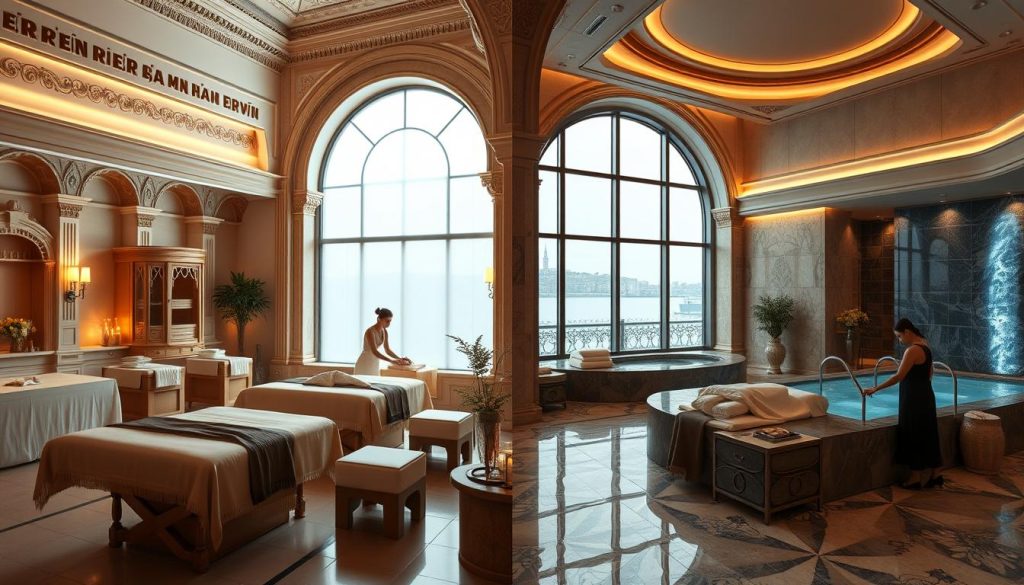 A visually striking comparison of Istanbul's renowned spa centers, showcasing the distinct ambiance and luxury offerings of the European and Asian sides of the city. A serene, softly lit scene depicts a range of massage tables, saunas, and hydrotherapy pools, with plush fabrics, natural elements, and soothing color palettes reflecting the relaxing atmosphere. The European side features ornate, historic architecture, while the Asian side boasts modern, minimalist design. Strategically placed massage therapists demonstrate the high-quality services available, inviting the viewer to imagine the ultimate pampering experience. The overall composition highlights the unique charms and indulgences of each side of the Bosphorus, allowing the viewer to envision the most blissful massage destination in Istanbul.
