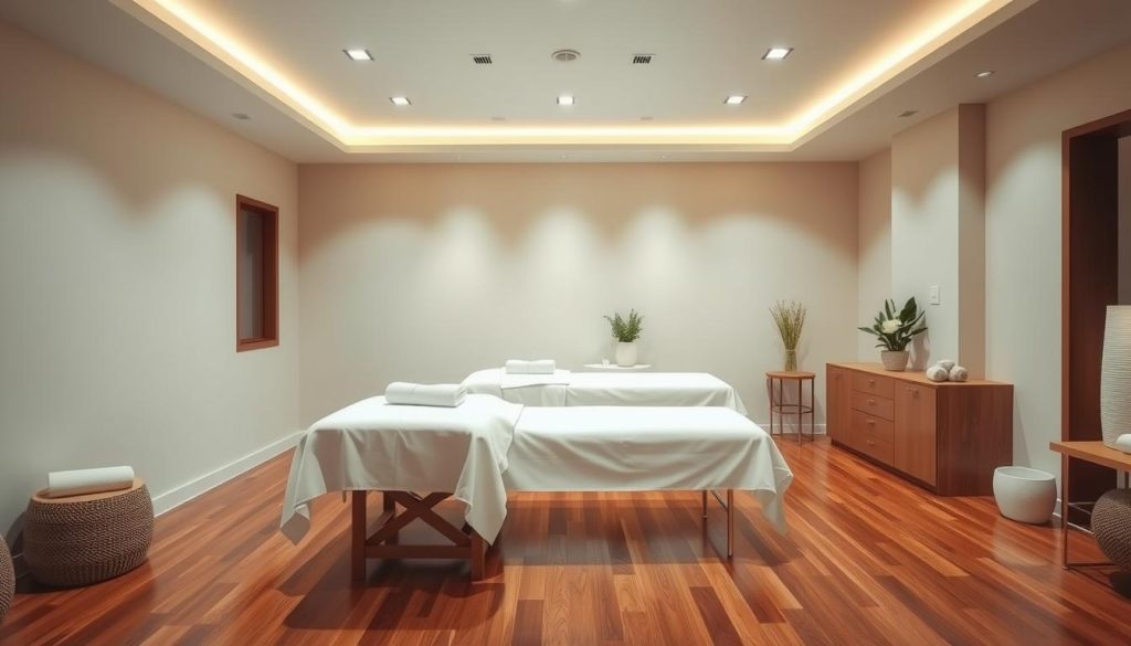 A well-lit, pristine massage parlor interior with a tranquil, spa-like ambiance. Gleaming hardwood floors, plush massage tables draped in crisp white linens, and soothing tones of beige, ivory and sage. Soft, indirect lighting creates a gentle, relaxing glow. Tasteful potted plants and minimalist decor add natural elements. The space conveys a sense of hygiene, order and professionalism, befitting a high-end wellness establishment. No distracting elements or clutter, the focus is on a clean, serene environment optimized for a rejuvenating massage experience.